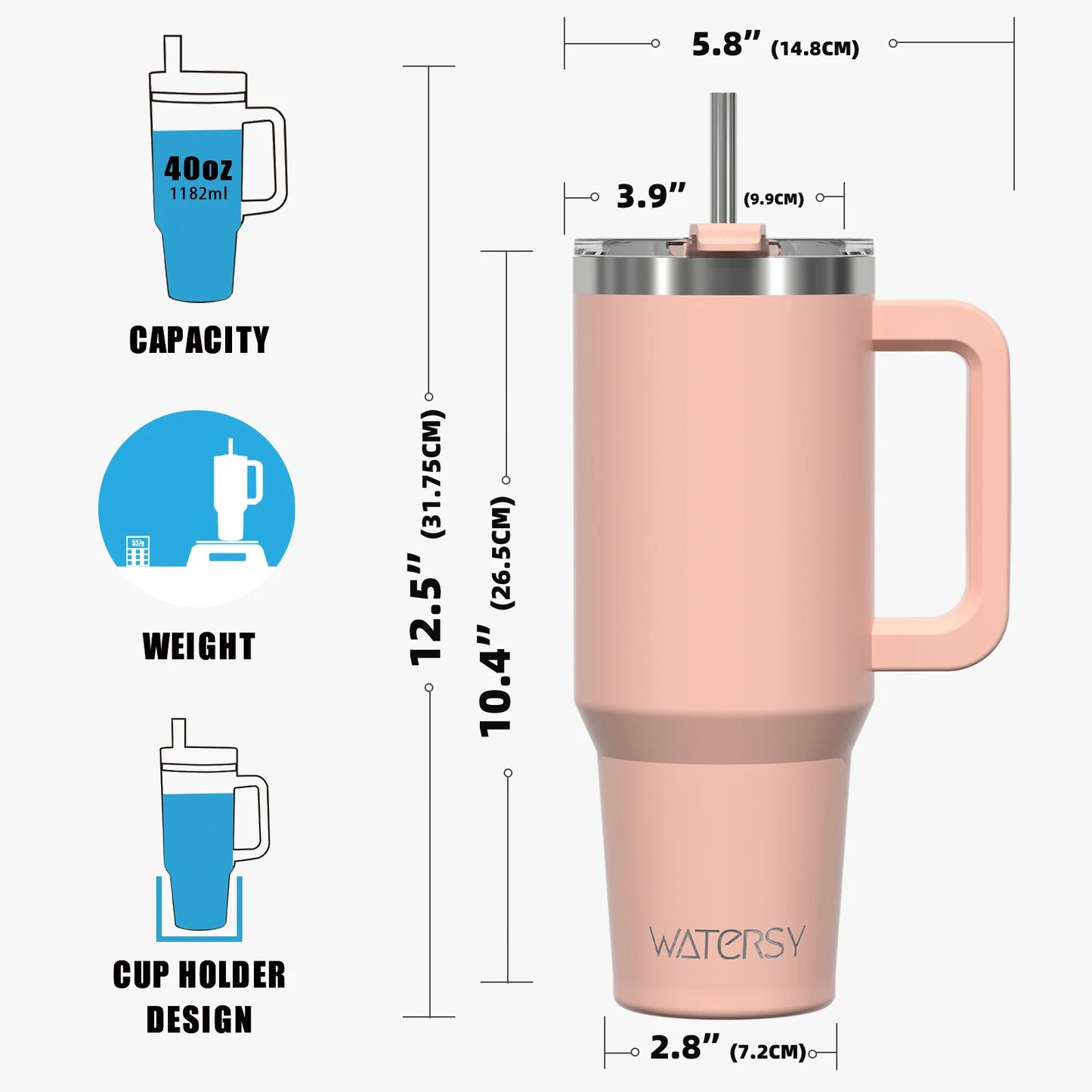 Watersy 40oz/1200ml Tumbler with Handle and Straw Lid Large Capacity Stainless Steel Thermal Cup Keep Coffee Beer Cold Vacuum