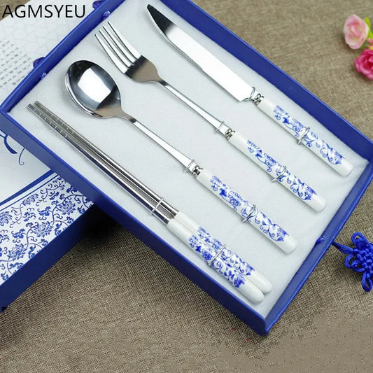 Blue and white porcelain cutlery spoon stainless steel spoon Western tableware set ceramic handle knife and fork dinner set