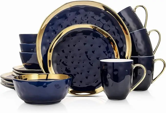 Stone Lain Modern Poreclain 16 Piece Dinnerware Set, Plates and Bowls Set, Dish set for 4, Black And Golden Rim