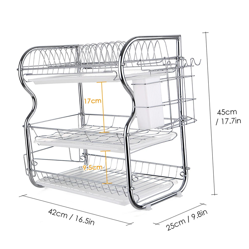 Multi-functional 3-Tier Dish Rack Kitchen Supplies Storage Rack Draining Rack with Chopsticks/Knives/Cutting Board Holder