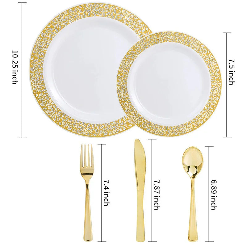 10 Guests Gold Lace Plastic Plates with Plastic Silverware Set,Elegant Lace Dinnerware Sets for Birthday Parties, Wedding