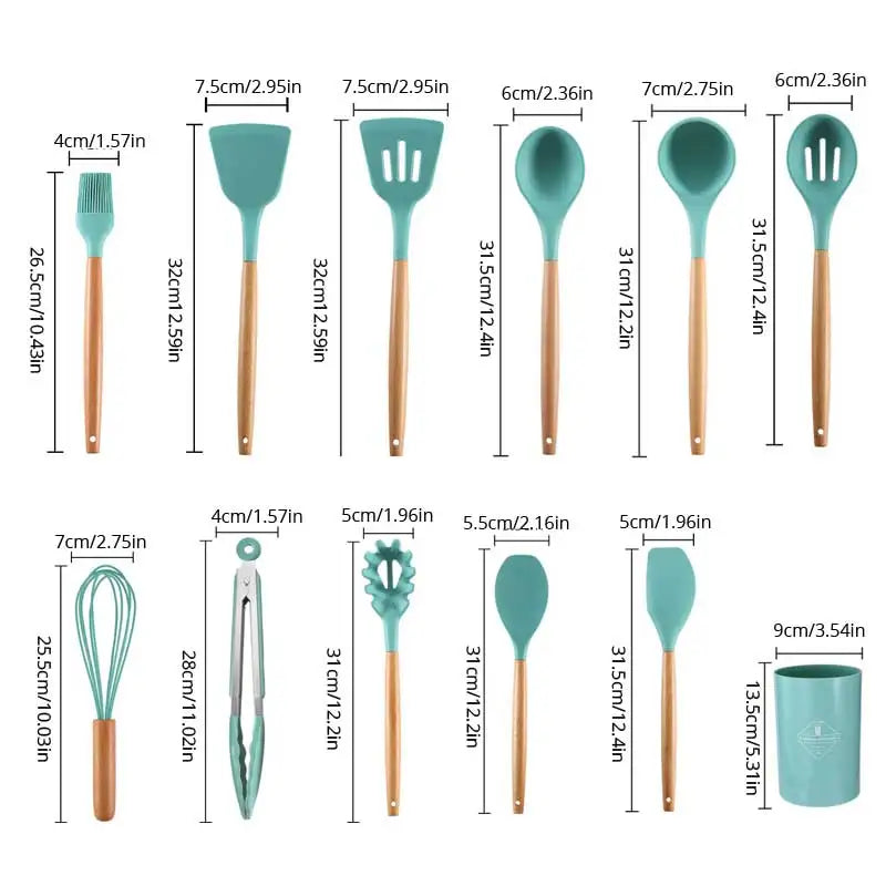 12Pcs/Set Wooden Handle Silicone Kitchen Utensils With Storage Bucket High Temperature Resistant And Non Stick Pot Spatula Spoon