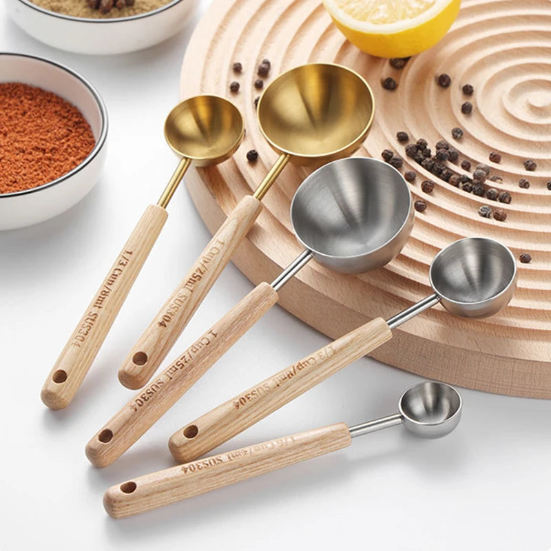 304 Stainless Steel Measuring Cups Spoons Wooden Handle Tea Coffee Measuring Tools Baking Tools Kitchen Accessories