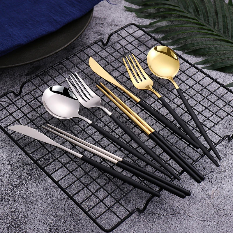 Gold Cutlery Set Korean Stainless Steel Tableware Set Fork Spoon And Chopsticks Set Golden Dinnerware Set Luxury Tableware Set