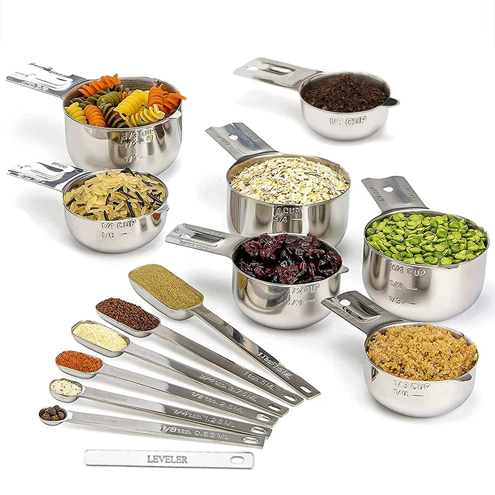 Stainless Steel Measuring Cup and Spoons Set 14PCS with Leveler,Dry and Liquid Ingredients, Perfect for Cooking & Baking