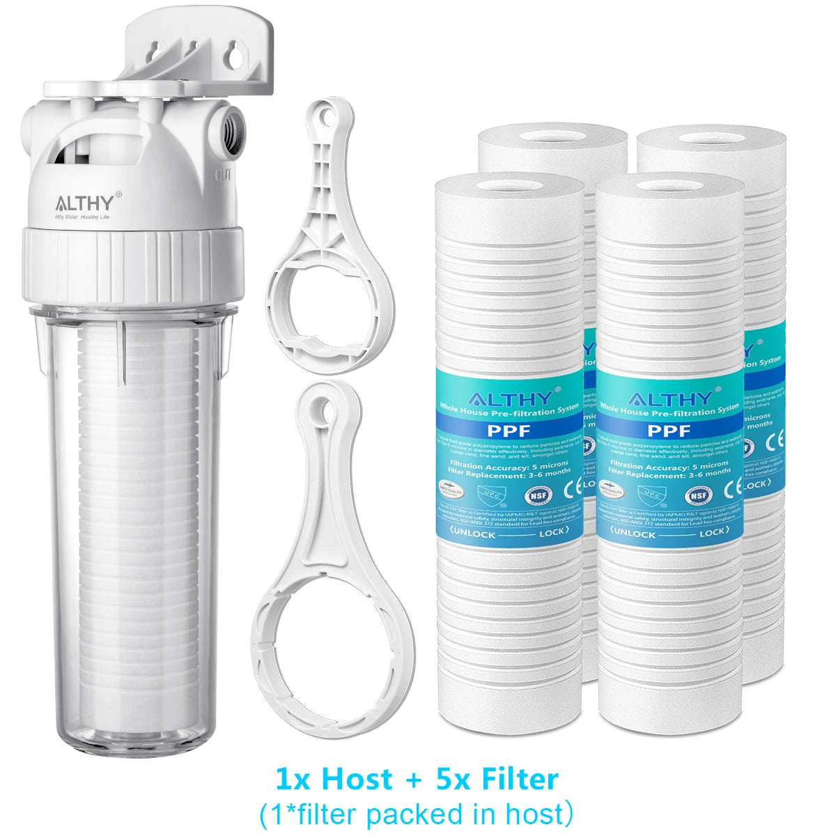 ALTHY 5 Micron Whole House Sediment Water Filter System Prefilter Purifier, 10 Inch PP cotton Pre filter