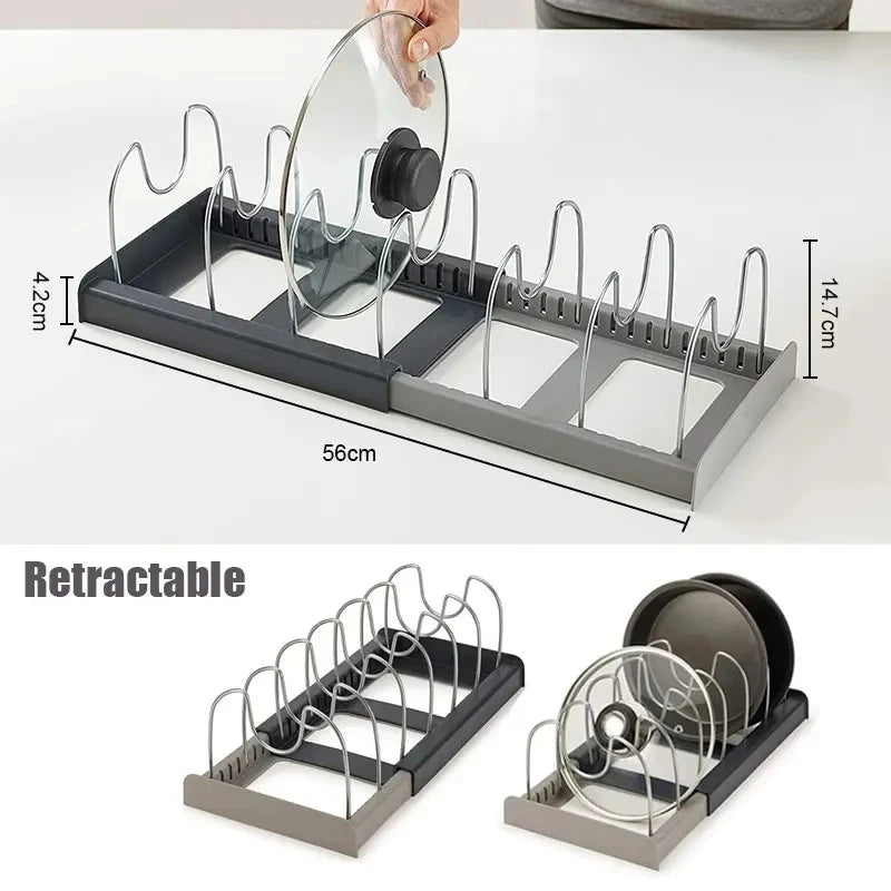 Expandable Stainless Steel Storage Rack Kitchen Cabinet Holder for Pan Pot Lid Cutting Board Drying Cookware Dish Rack Organizer