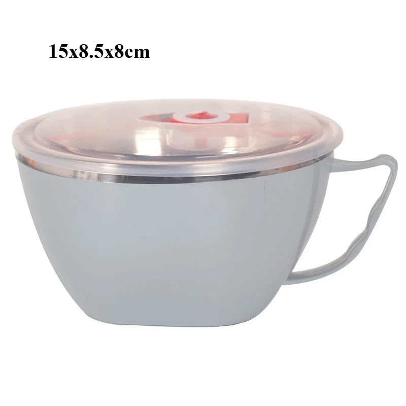 Stainless Steel Double-layer Ramen Noodles Bowl Anti-scalding Instant Noodle Bowl Large Capacity with Lid and Spoon Tableware