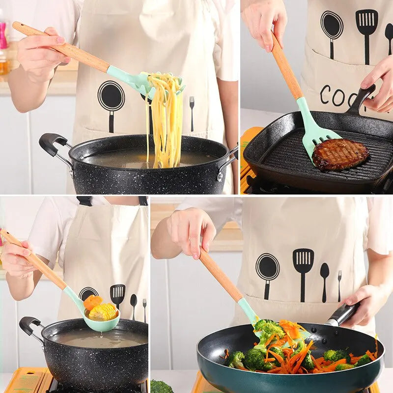 12Pcs/Set Wooden Handle Silicone Kitchen Utensils With Storage Bucket High Temperature Resistant And Non Stick Pot Spatula Spoon