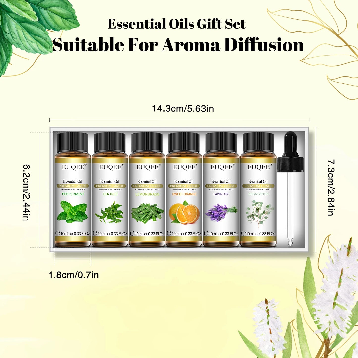 EUQEE 10ML*6 Essential Oils Gift Set For Humidifier Lavender Eucalyptus Peppermint Sweet Orange Tea tree Lemongrass Aroma Oil