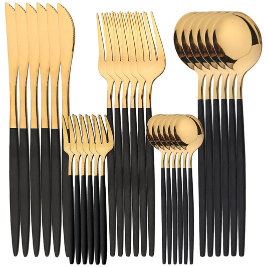 24Pcs Stainless Steel Cutlery Set Black Gold Tableware Mirror Dinnerware Dinner Spoon Fork Knife Western Silverware Flatware Set