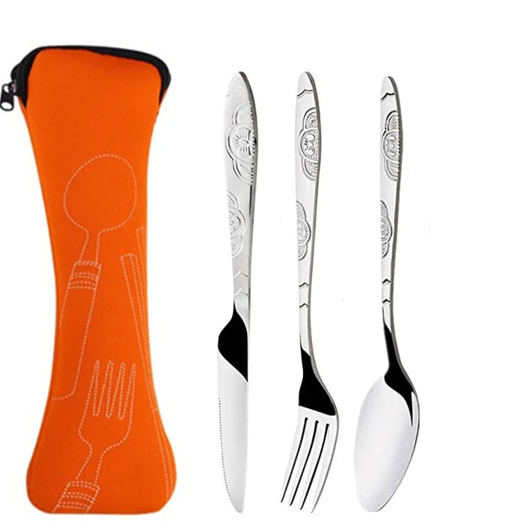 3Pcs Steel Knifes Fork Spoon Set Family Travel Camping Cutlery Eyeful Four-piece Dinnerware Set with Case