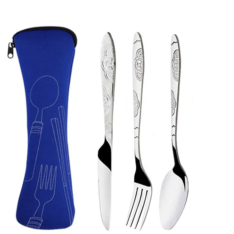 3Pcs Steel Knifes Fork Spoon Set Family Travel Camping Cutlery Eyeful Four-piece Dinnerware Set with Case