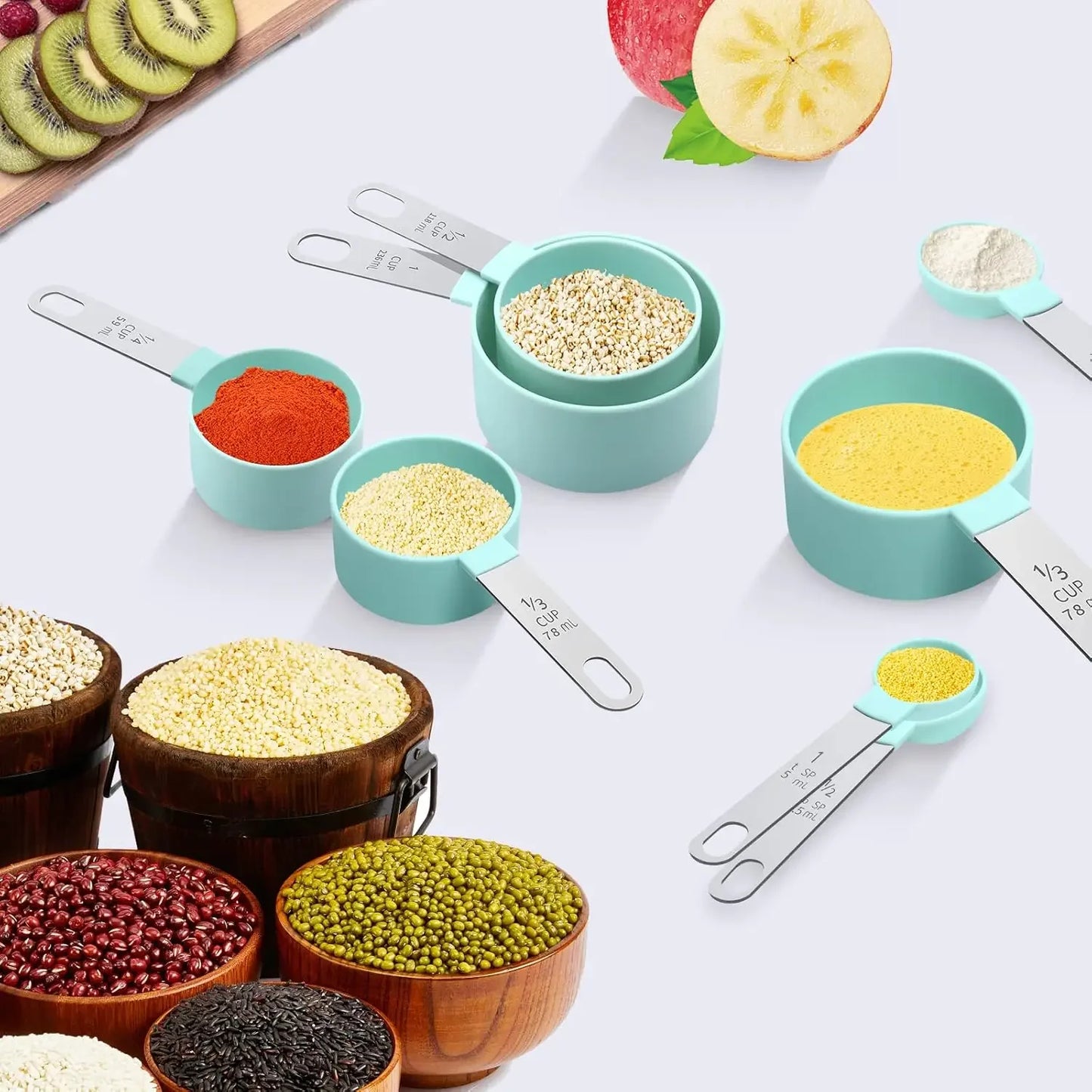 8PCS Measuring Cup Measuring Spoon Set with Stainless Steel Handle and Scale for Measuring Grain and Dessert Materials