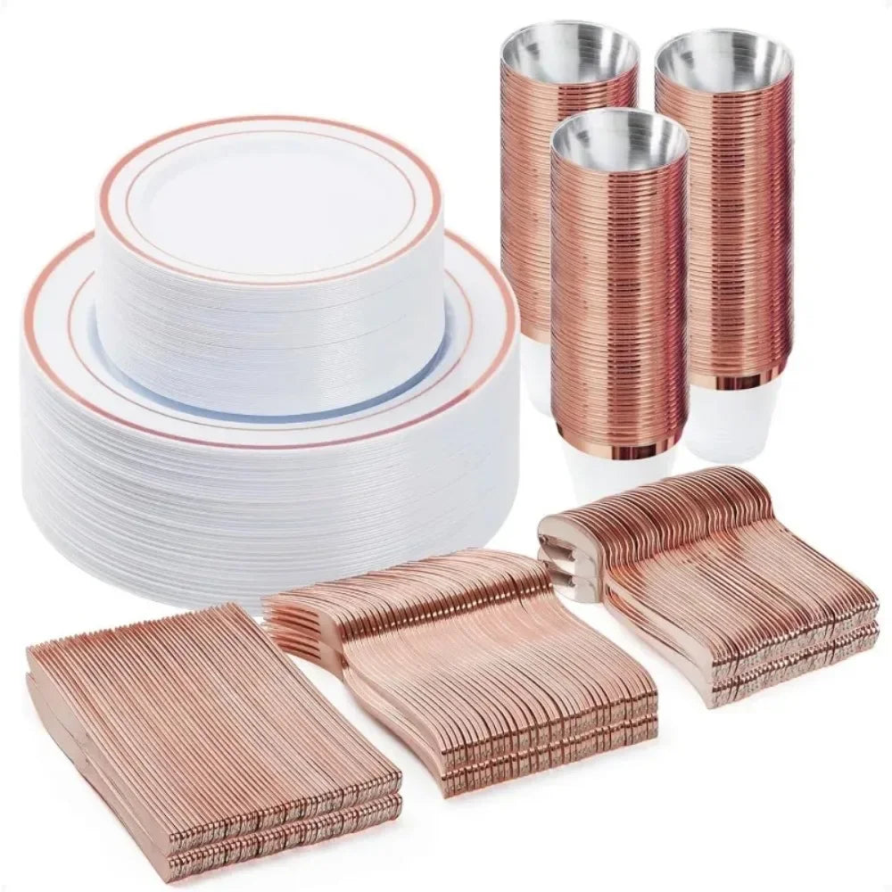 600PCS Plastic Dinnerware Set (100 Guests), Disposable Plates for Party, Wedding, Anniversary, Includes: Dinner Plates