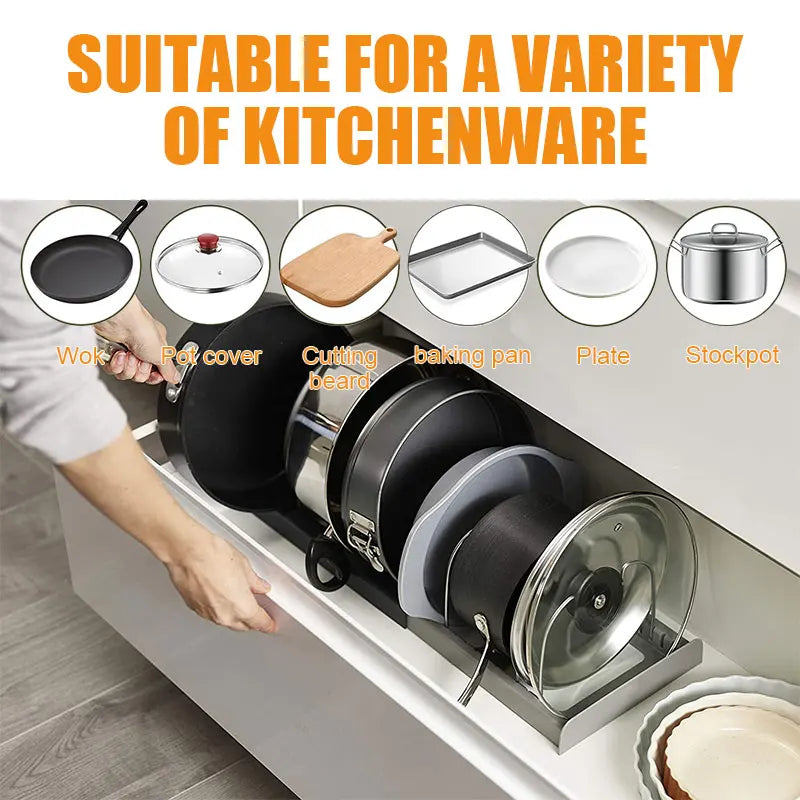 Expandable Pot and Pan Organizers Rack Holder Kitchen Cabinet Pantry Bakeware Organizer Rack with 6 Adjustable Compartments