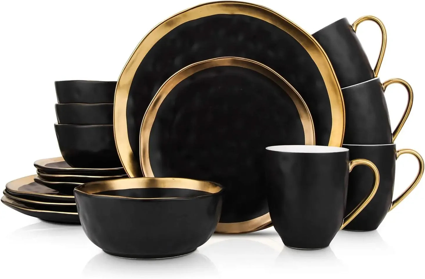 Porcelain 16 Piece Dinnerware Set, Service for 4, Green and Golden Rim  dishes and plates sets  dinnerware set