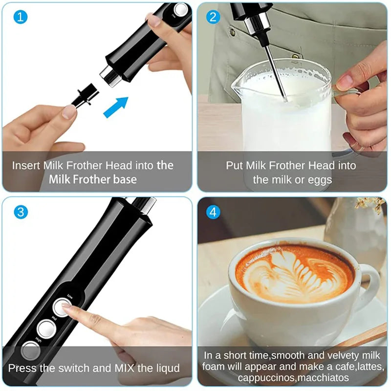 3 In 1 Wireless Milk Frother Handheld Foam Maker for Lattes Coffee Whisk Mixer Foamer for Cappuccino Frappe Matcha Frothing Wand