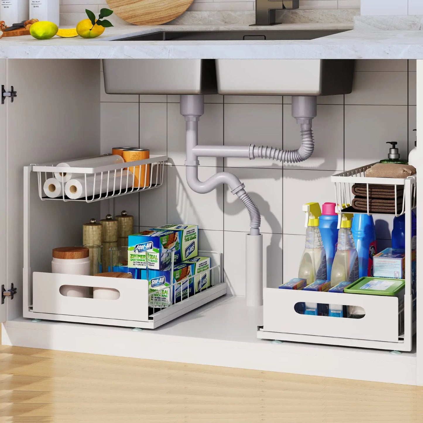 Under Sink 2 Tier Sliding Cabinet Basket Organizer Drawer Pull Out Cabinet Multi-Purpose  Sink Organizer for Bathroom Kitchen