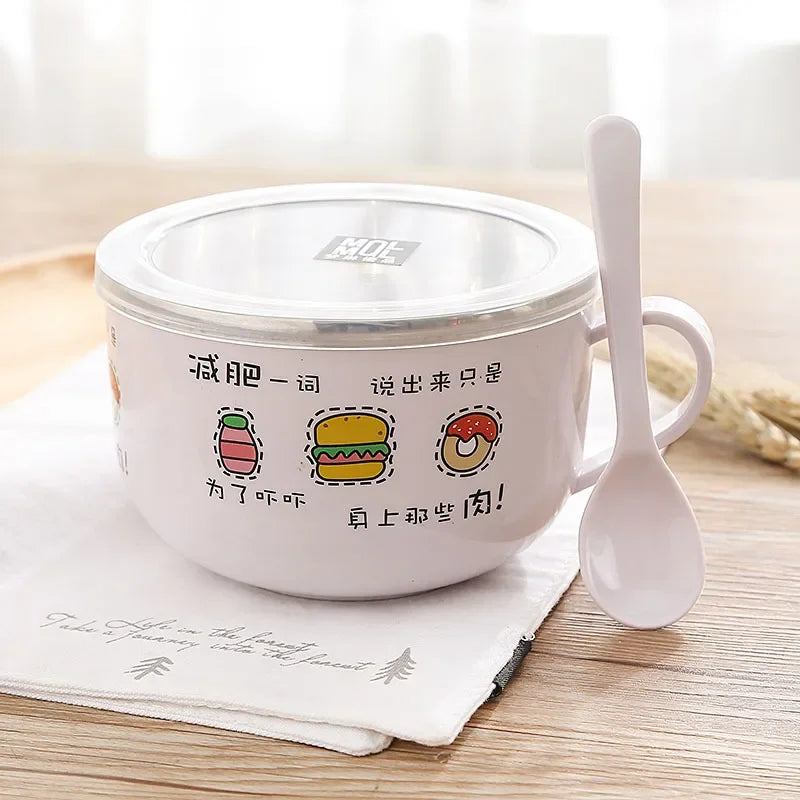 Stainless Steel Double-layer Ramen Noodles Bowl Anti-scalding Instant Noodle Bowl Large Capacity with Lid and Spoon Tableware