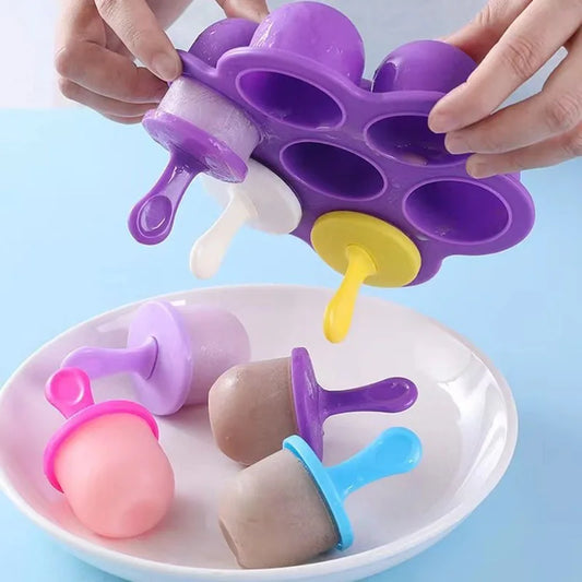 Colorful Silicone Ice Cube Tray Seven Hole Ice Cream Stick Mold - The Lid Color Is Random, Perfect for Making Homemade Popsicles