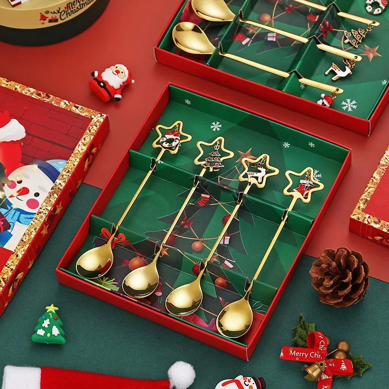 4pcs Christmas Gift Gold Spoon Set Star Elk Christmas Tree Decoration Cutlery Set New Year Home  Kitchen Dessert Coffee Spoon