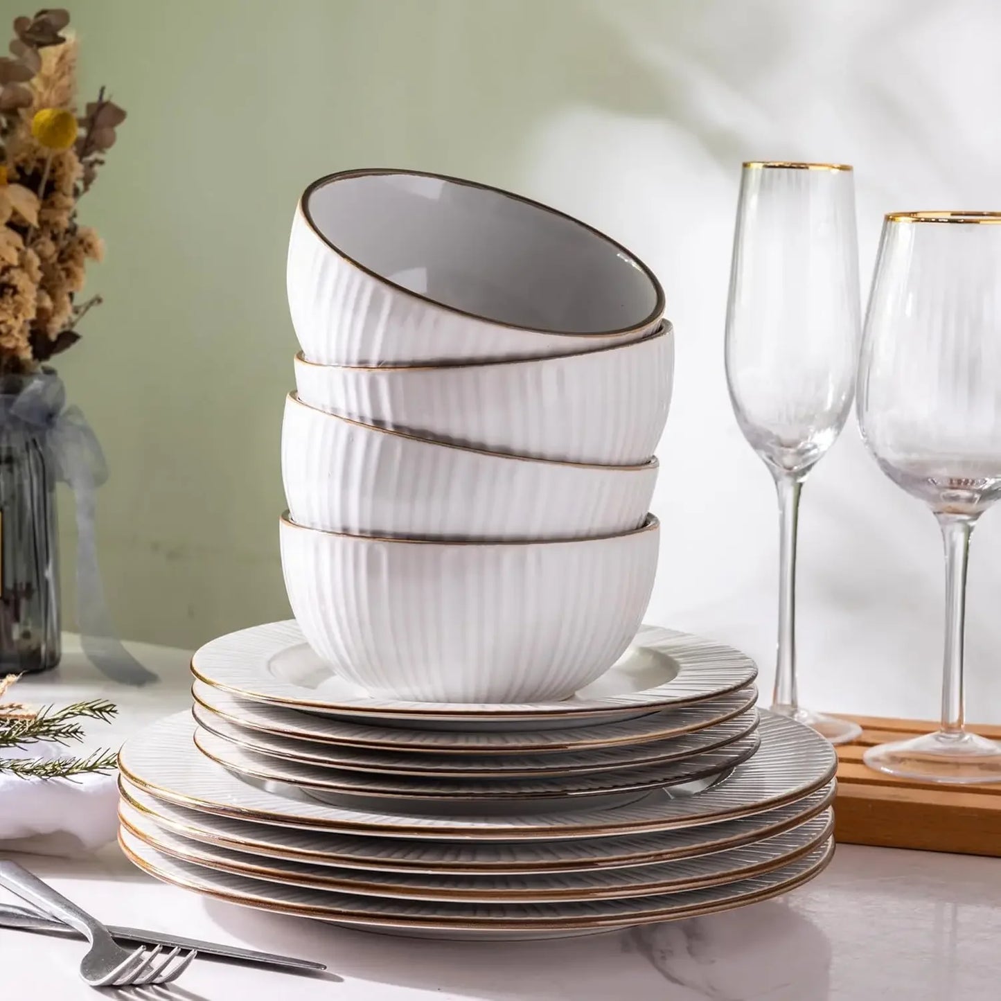 Ceramic Dinnerware Sets, Embossed Elegant Stoneware Plates and Bowls Sets, Housewarming Wedding Gift | Dishwasher & Microwave