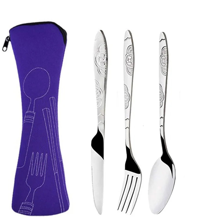 3Pcs Steel Knifes Fork Spoon Set Family Travel Camping Cutlery Eyeful Four-piece Dinnerware Set with Case