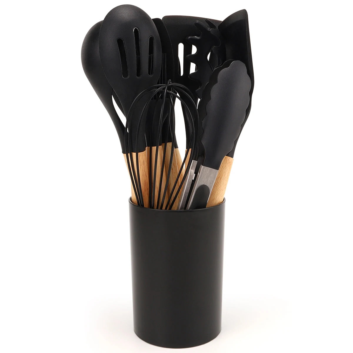 12Pcs Silicone Kitchen Utensils Spatula Shovel Soup Spoon Cooking Tool with Storage Bucket Non-Stick Wood Handle Kitchen Gadgets