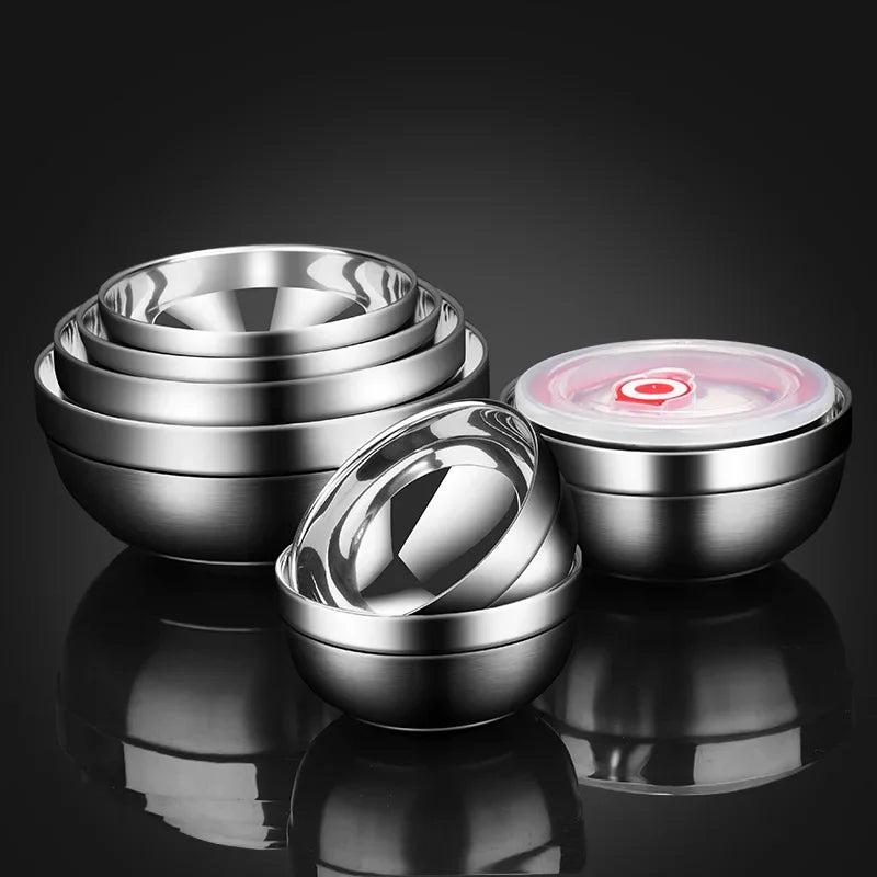 304 Stainless Steel Double Layer Bowls with Lid Kitchen Soup Ramen Noodles Bowl Food Containers Home Restaurant Korean Tableware