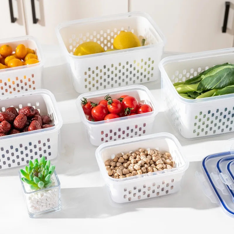 Refrigerator Preservation Storage Box Drain Basket Storage Containers Sealed Box Vegetable and Fruit Food Grade Drain Box