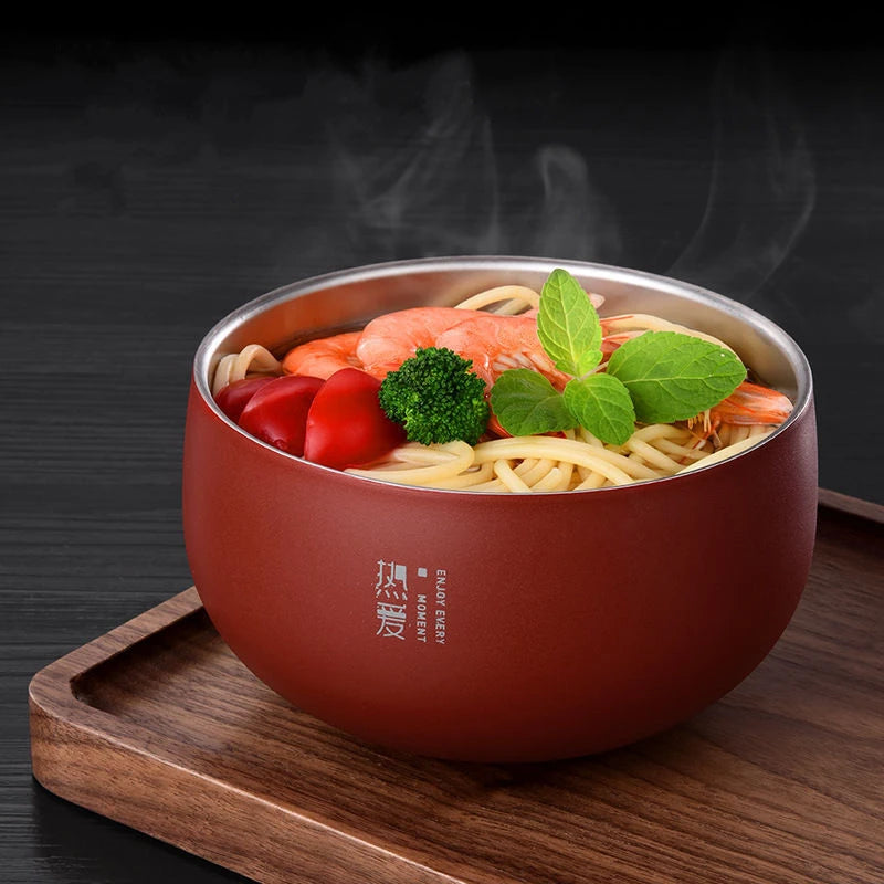 Japanese Double Layer Ramen Bowl with Lid Stainless Steel Rice Soup Instant Noodles Bowls Food Container Kitchen Utensils