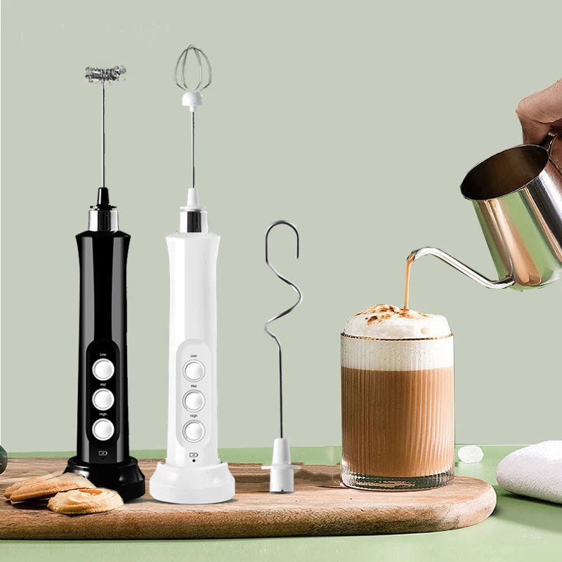 Electric Foamer Mixer Whisk Beater Stirrer 3-Speeds Coffee Milk Drink Frother USB Rechargeable Handheld Food Blender Whisk