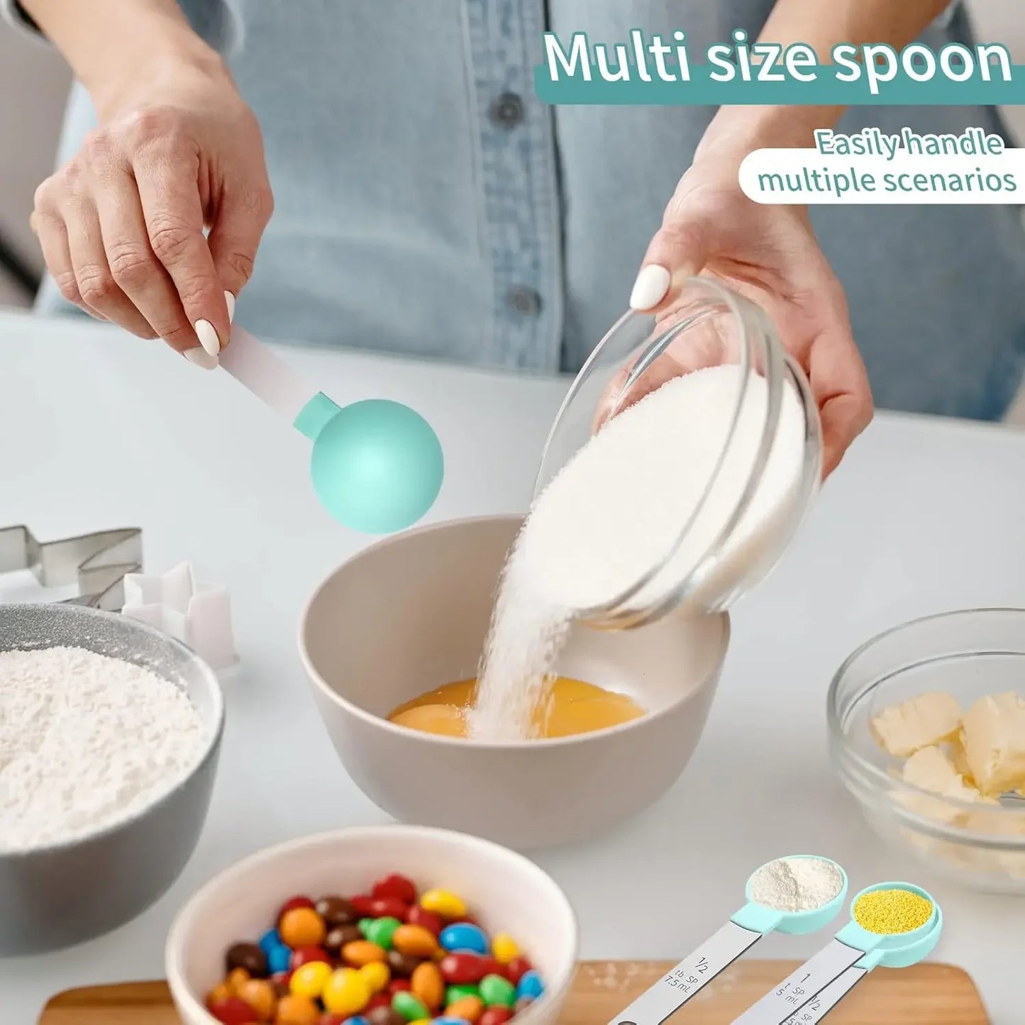 8PCS Measuring Cup Measuring Spoon Set with Stainless Steel Handle and Scale for Measuring Grain and Dessert Materials