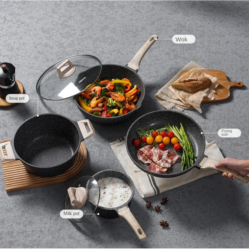 Wheat Rice Stone Non-Stick Pot Set Kitchen Frying Pan Induction and Gas Stove Compatible Stir Fry Pan Comprehensive