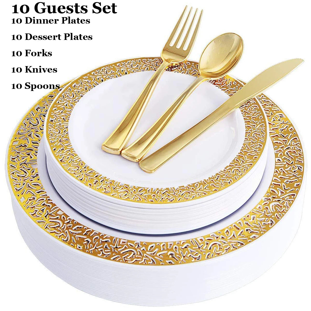 10 Guests Gold Lace Plastic Plates with Plastic Silverware Set,Elegant Lace Dinnerware Sets for Birthday Parties, Wedding