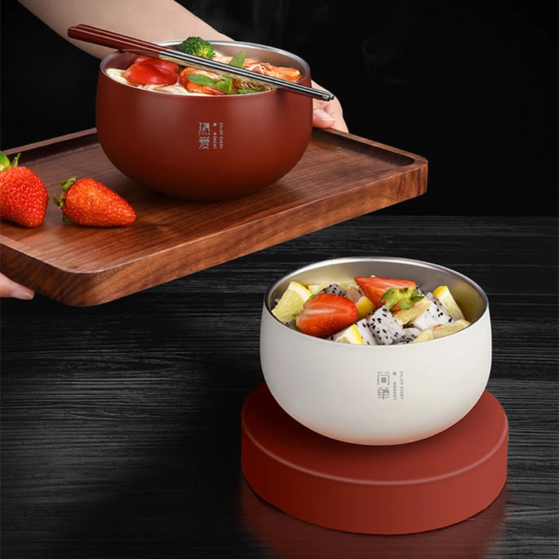 Stainless Stee Round Rice Soup Bowl with Lid Double Layer Fruit Noodles Bowls Food Container Japanese Style Tableware