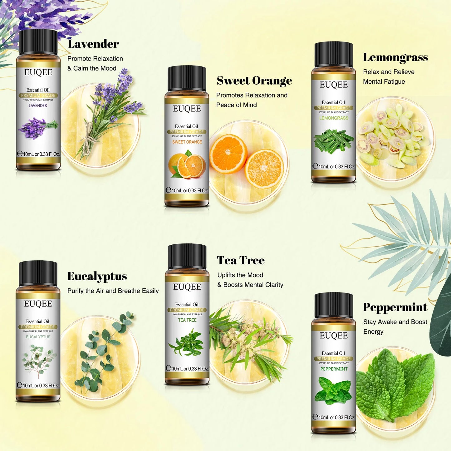 EUQEE 6 Bottles Essential Oils Set For Diffuser DIY Soap Candle Making-Peppermint Lavender Sweet Orange Lemongrass Eucalyptus