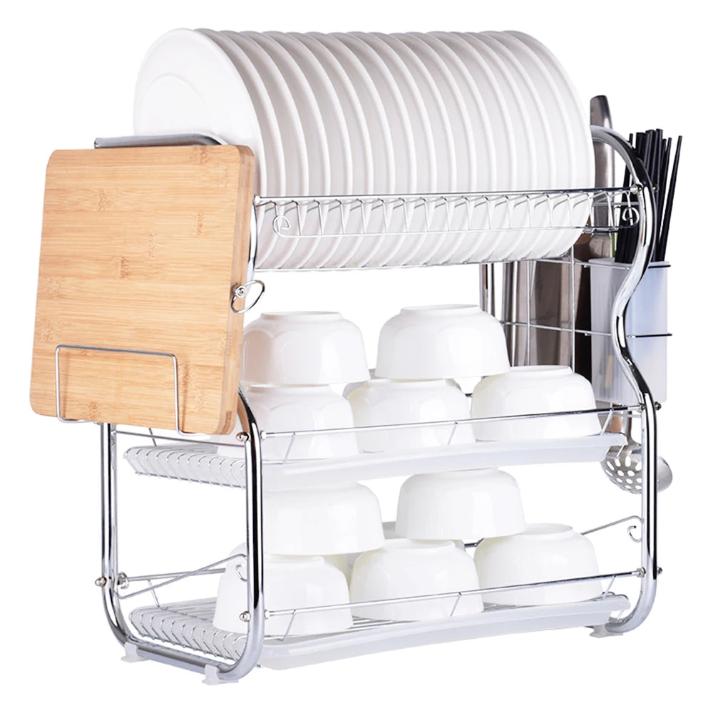 Multi-functional 3-Tier Dish Rack Kitchen Supplies Storage Rack Draining Rack with Chopsticks/Knives/Cutting Board Holder