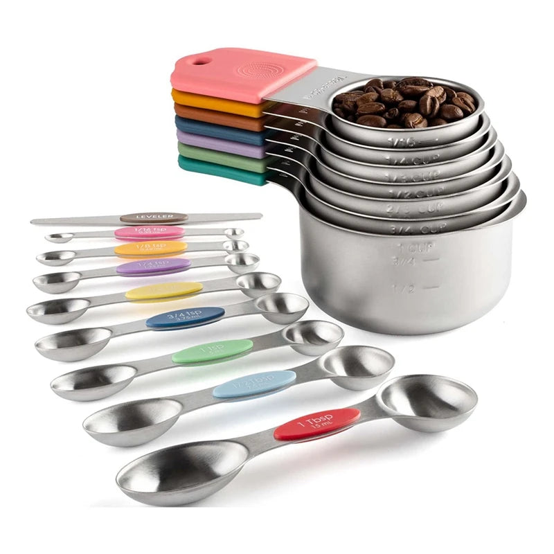 16Pc Magnetic Stainless Steel Measuring Cups & Spoons Set, 7 Heavy Duty Cups,8 Double Sided Spoons With Leveler