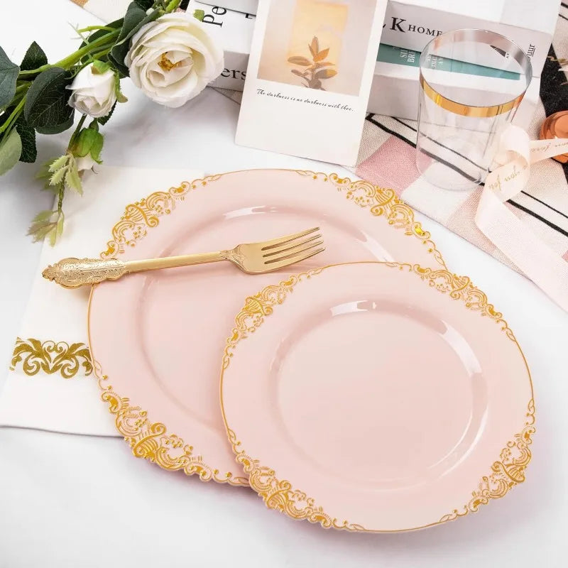 Pink and Gold Plastic Plates - Pink Plastic Dinnerware Sets for 50 Guests - 100 Pink Disposable Plates, 150 Gold Plastic