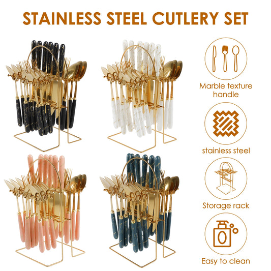 24Pcs Silverware Set with Hanging Holder Stainless Steel Flatware Set Mirror Polished Forks Knives Spoon Tableware Set for Home