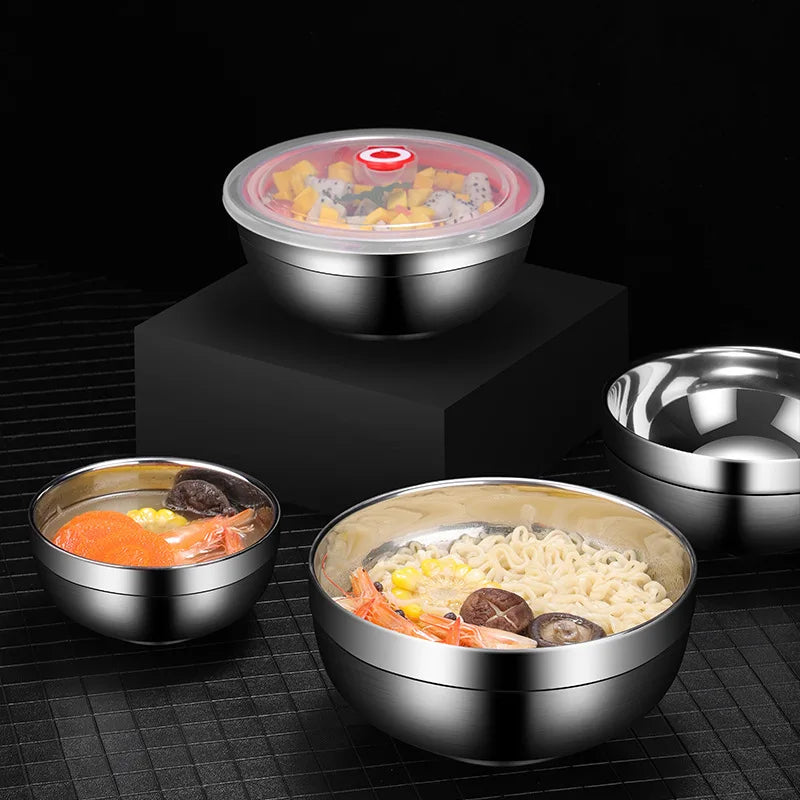 Double Layer Stainless Steel Bowls With Lid Salad Mixing Serving Bowl Korean Style Ramen Noodles Food Storage Containers