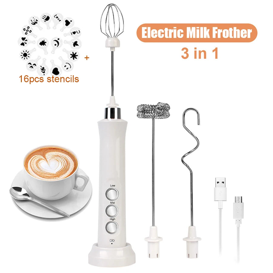 Electric Milk Frother Rechargeable Portable Wireless Hand Mixer Milk Foam Maker Coffee Cappuccino Creamer 16 Stencils