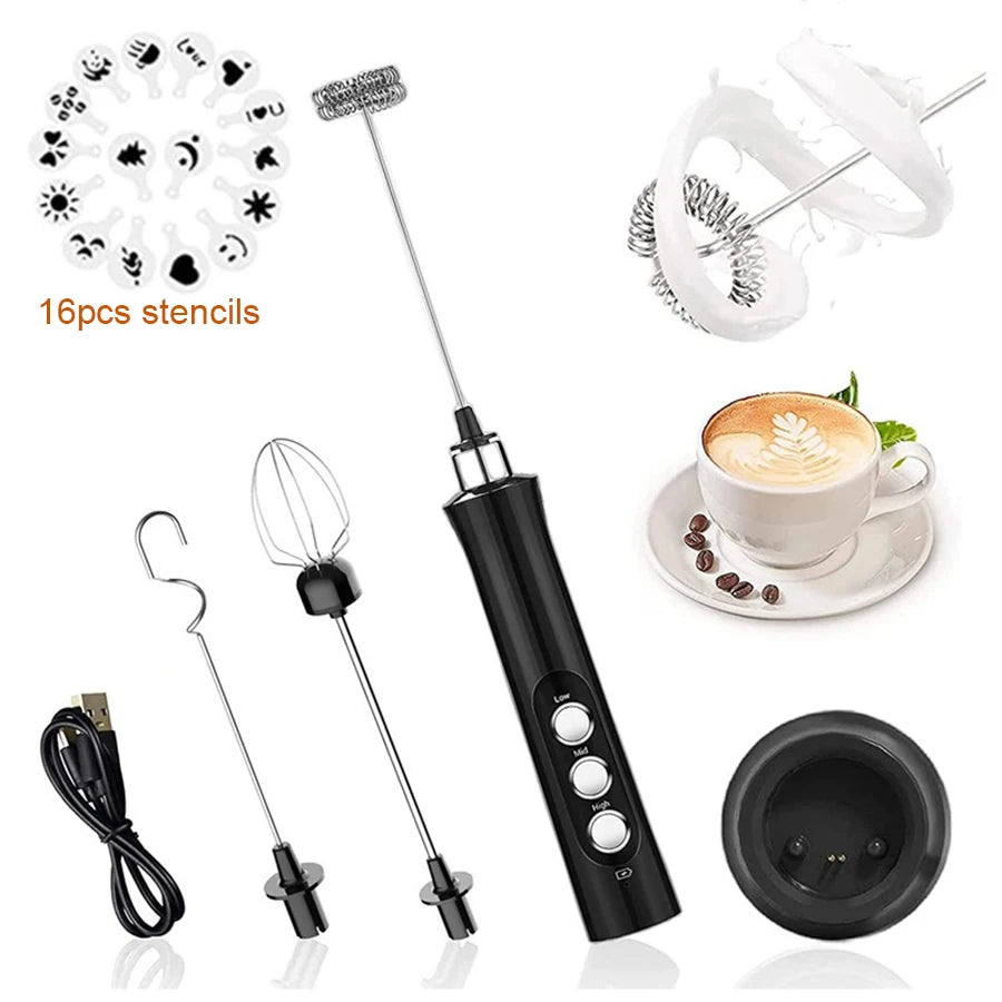 Electric Milk Frother Rechargeable Portable Wireless Hand Mixer Milk Foam Maker Coffee Cappuccino Creamer 16 Stencils