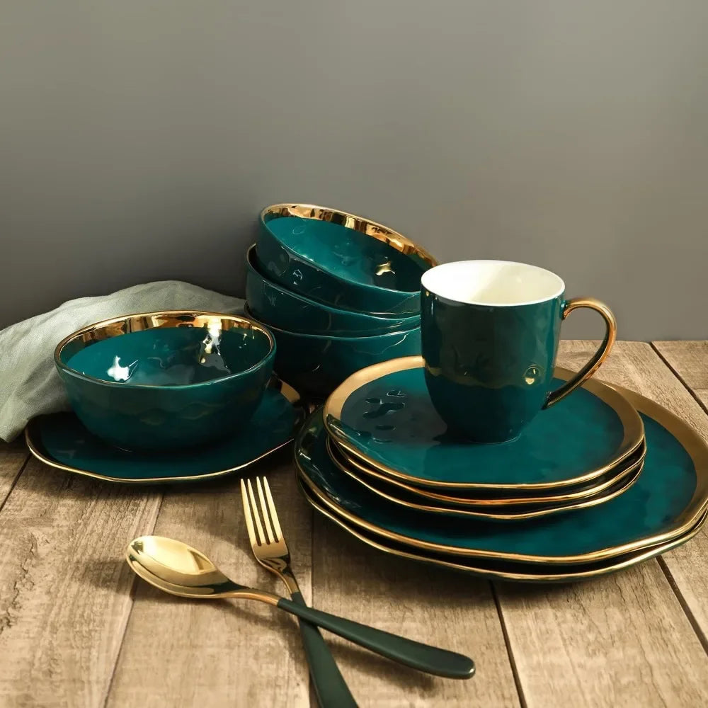 Porcelain 16 Piece Dinnerware Set, Service for 4, Green and Golden Rim  dishes and plates sets  dinnerware set