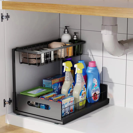 Under Sink 2 Tier Sliding Cabinet Basket Organizer Drawer Pull Out Cabinet Multi-Purpose  Sink Organizer for Bathroom Kitchen