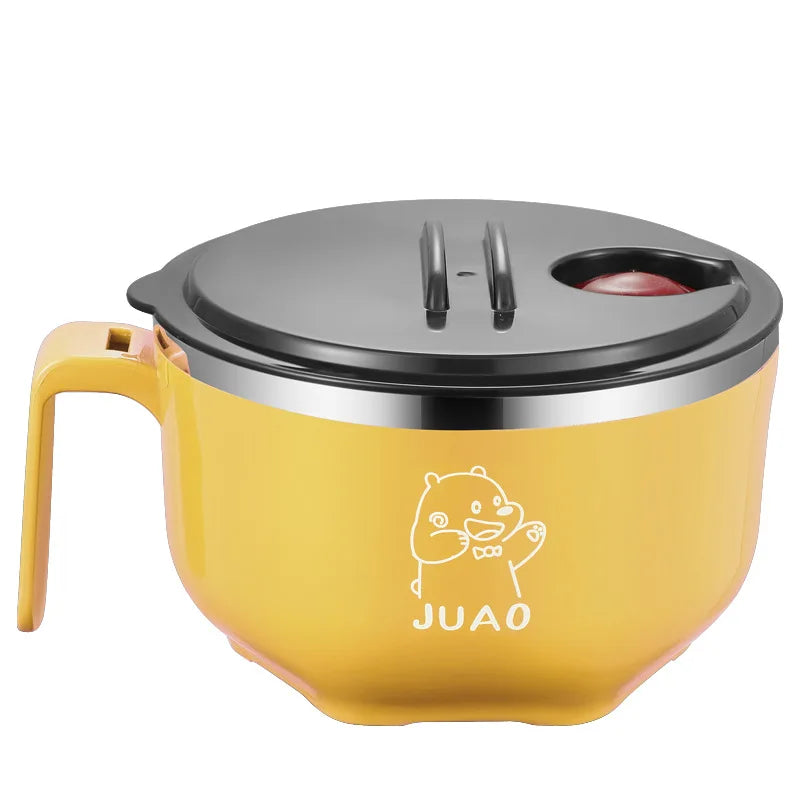 Cute Stainless Steel Ramen Bowl with Lid, Instant Noodle Bowl with Handle, Kawaii Cereal, Anti-Scald, Student Dormitory, 1000ml