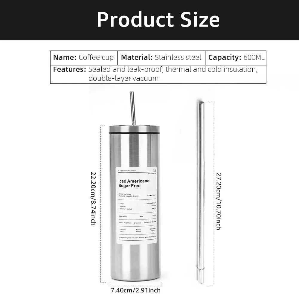 Coffee Cup Thermos 304 Stainless Steel Double -layer Cooler Straw Cup Portable Reusable Ins Ice American Coffee Mug Water Bottle