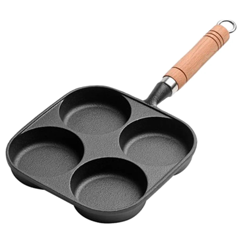 4-Hole Omelet Pan Wooden Handle Non Stick Cookware Pancake Pan Multifunction Hamburger Steak Pan for Gas Stove Induction Cooker